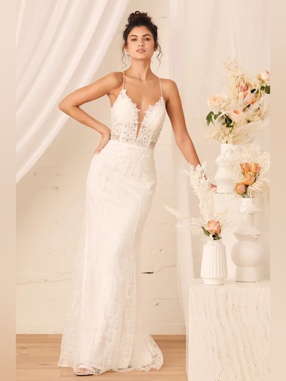 Wonderstruck White Glitter Lace-Up Embroidered Lace Maxi Dress | size 2